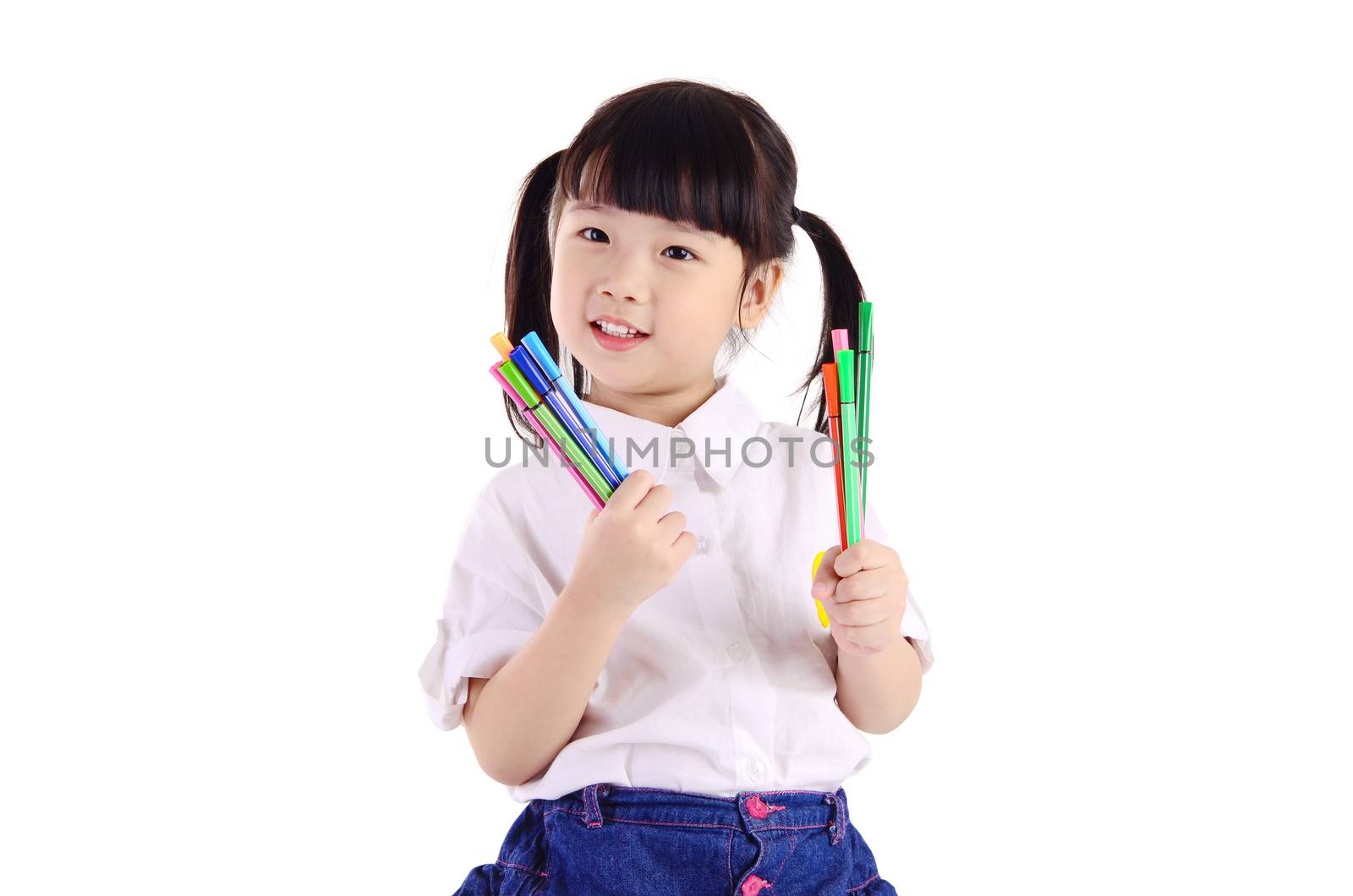 little asian girl holding pencil , isolated on white background. School, education concept.