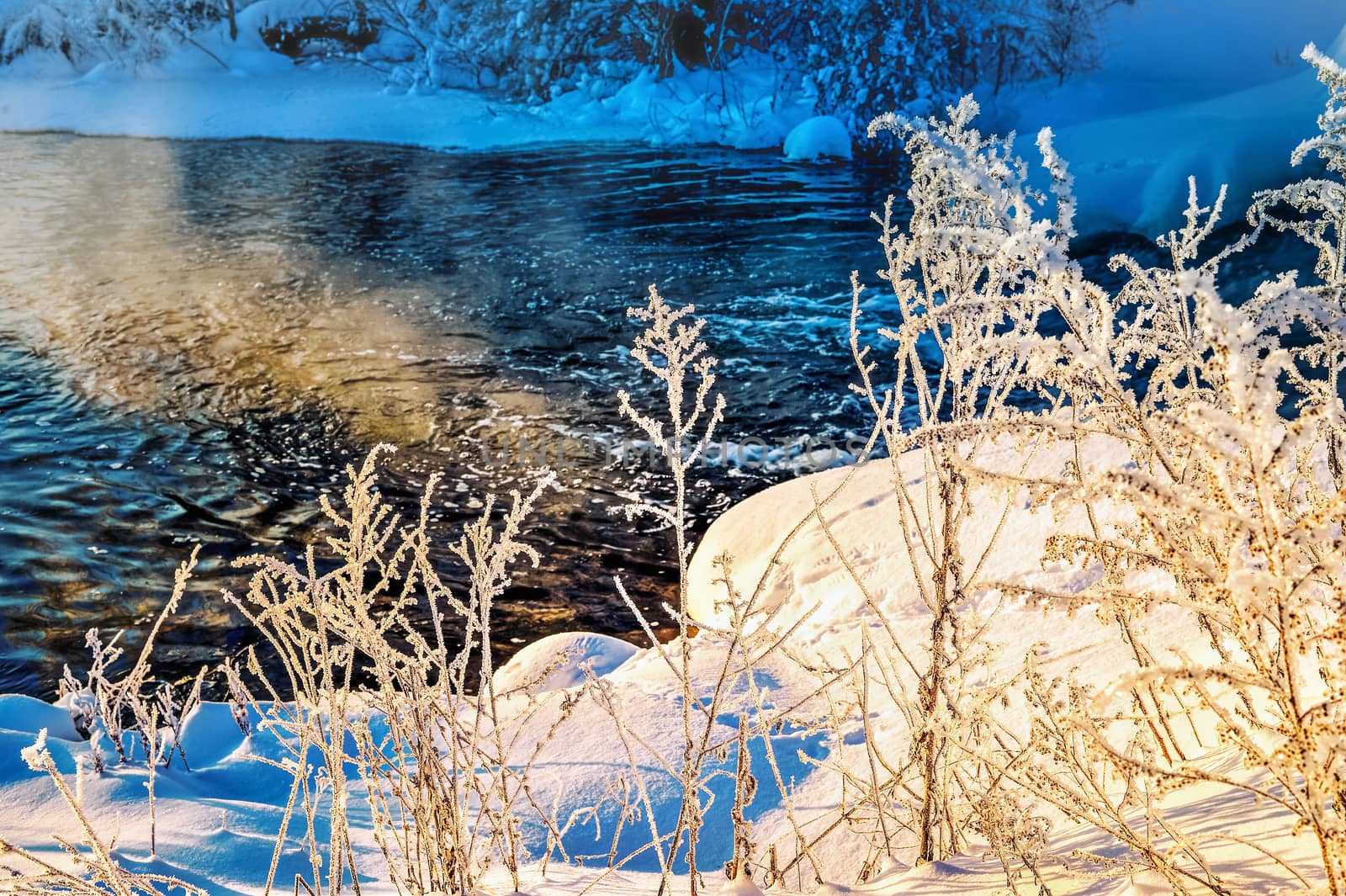 Winter sunny landscape with river and forest.