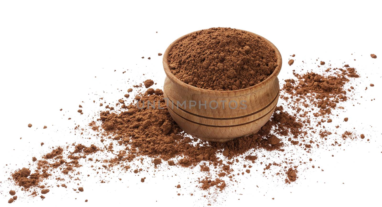 Cacao. Pile of cocoa powder in wooden bowl isolated on white background