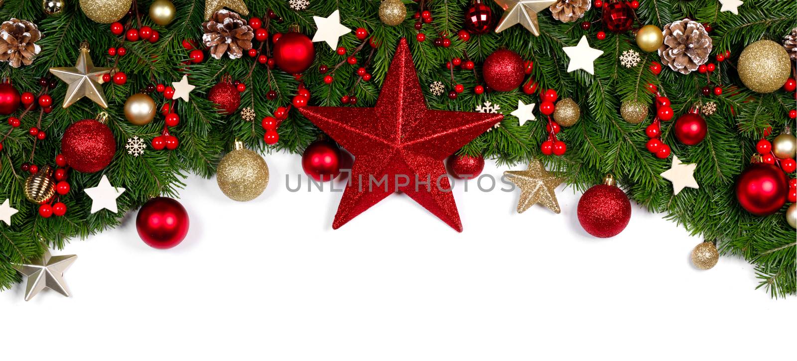 Christmas New year decoration frame isolated on white , fir tree branches , red and golden baubles and pine cones , big star , copy space for text