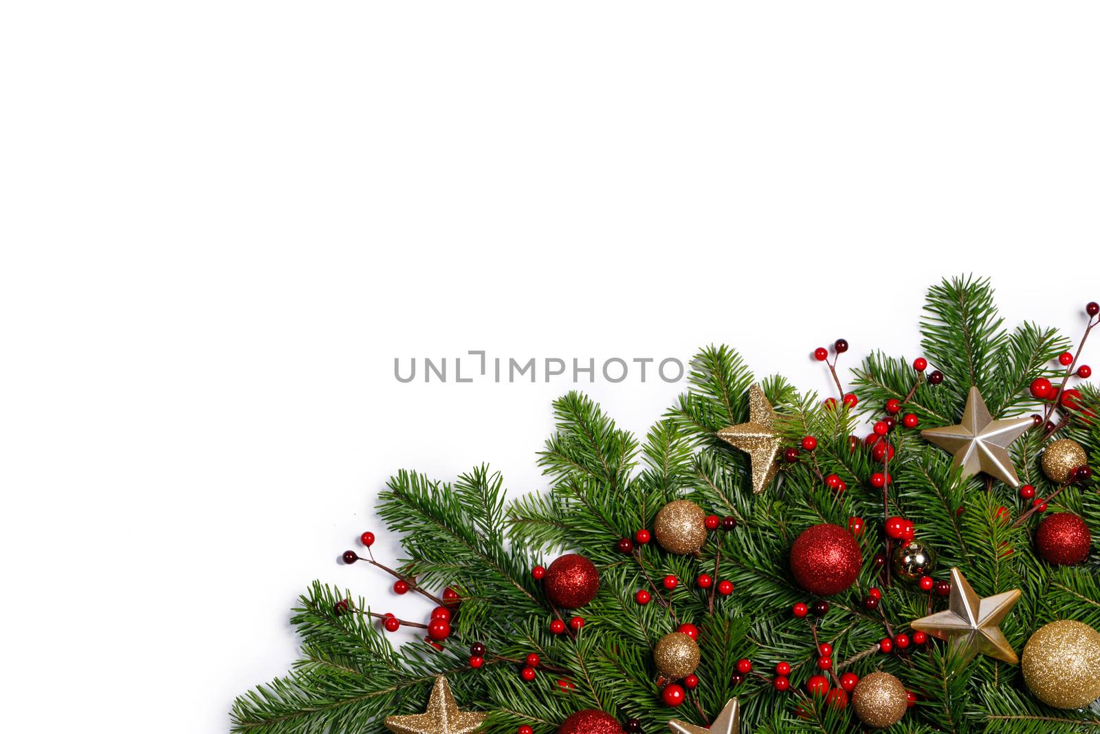 Christmas New year decoration frame isolated on white , fir tree branches , red and golden baubles , pine cones , stars , copy space for text