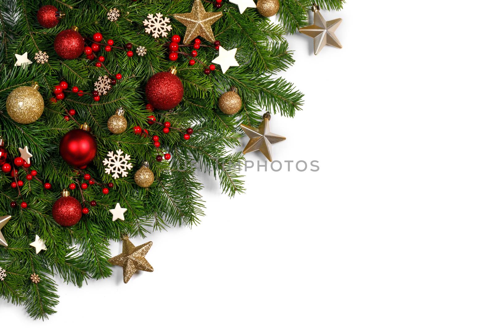 Christmas New year decoration frame isolated on white , fir tree branches , red and golden baubles , pine cones , stars , copy space for text