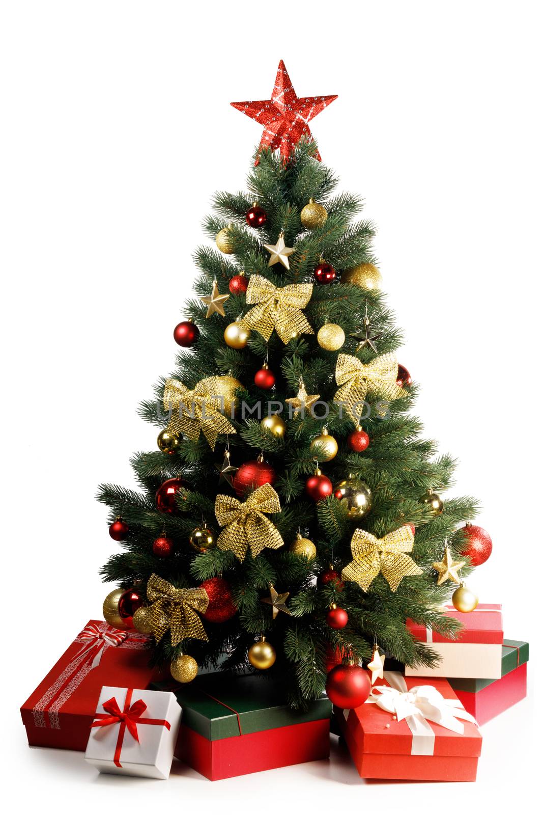 Decorative Christmas Tree and gifts isolated on white background