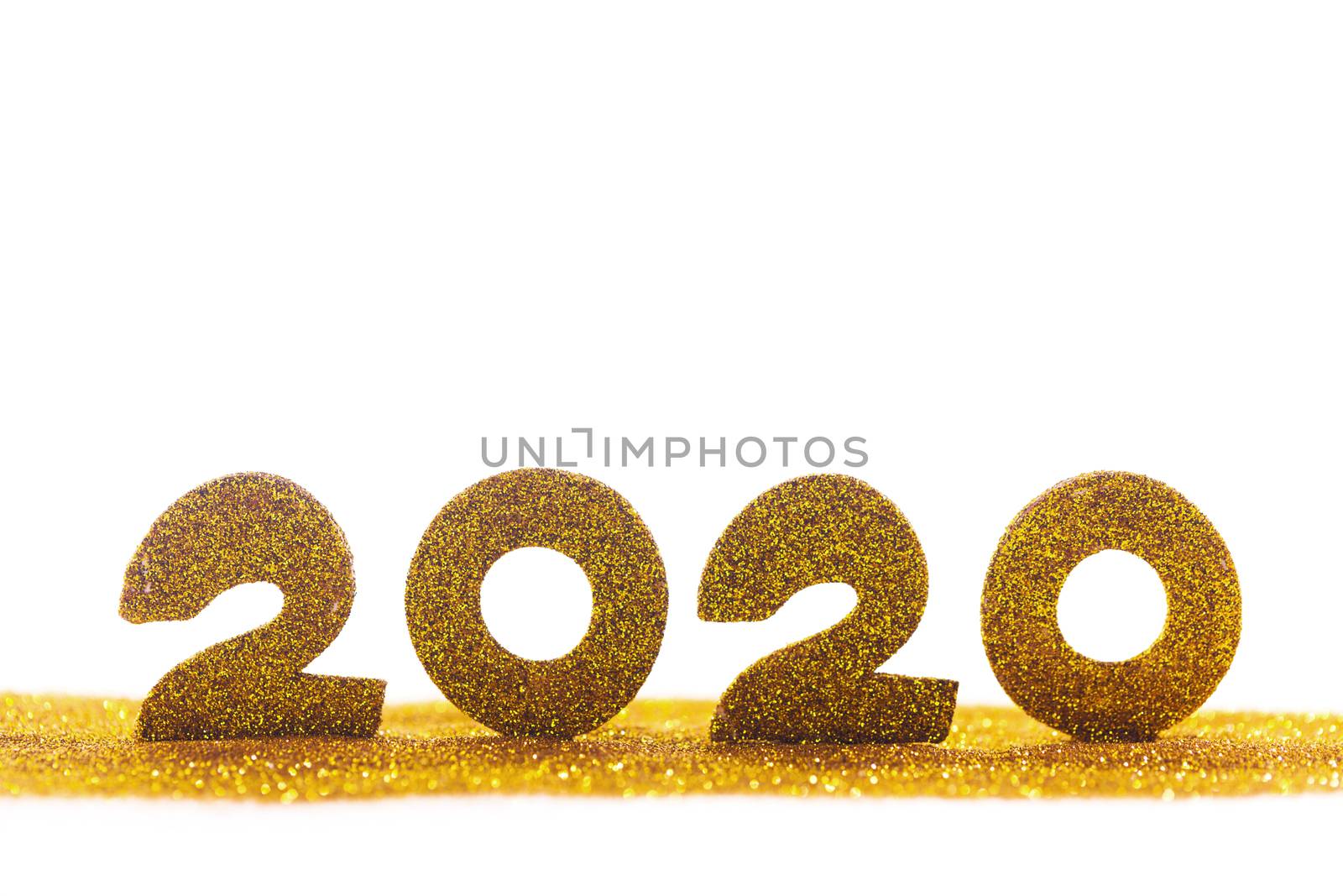 2020 New Year luxury glitter design concept numbers in golden glitters isolated on white background