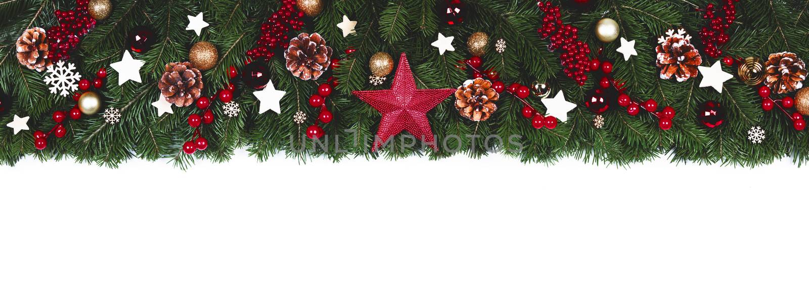 Christmas New year decoration frame isolated on white , fir tree branches , red baubles and pine cones , wooden decor , red berries , copy space for text