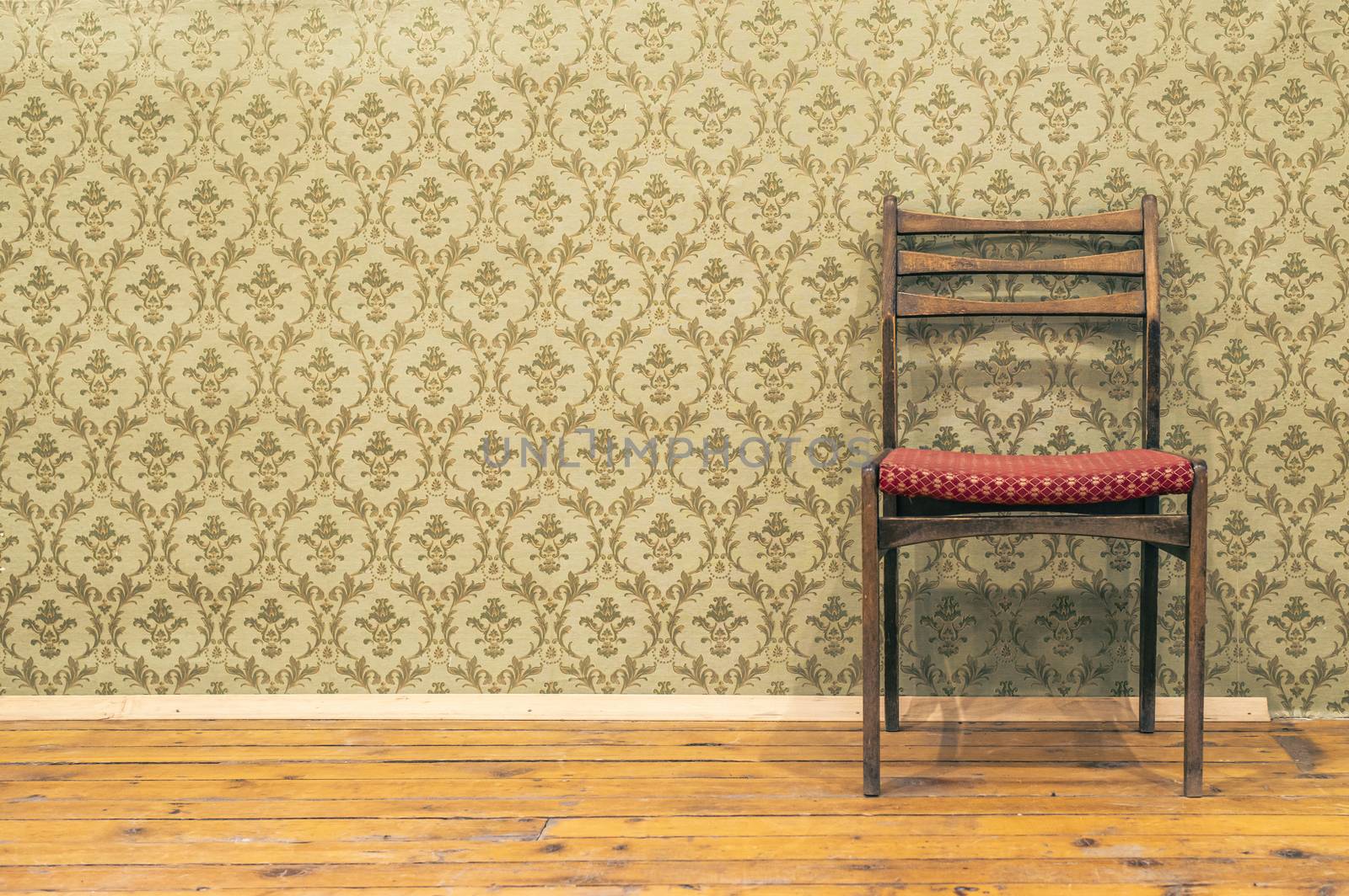 Victorian style vintage pattern wallpaper. Ornamental background and chair. Pastel tones.