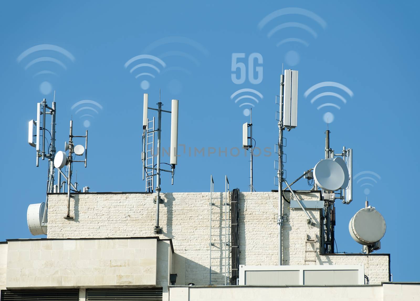 5G antennas and GSM transmitters. Concept for high speed 5G internet.