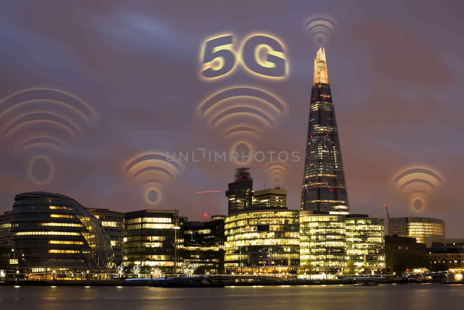 5G concept in the city. Many wireless symbols on the top of the buildings. High speed mobile internet.
