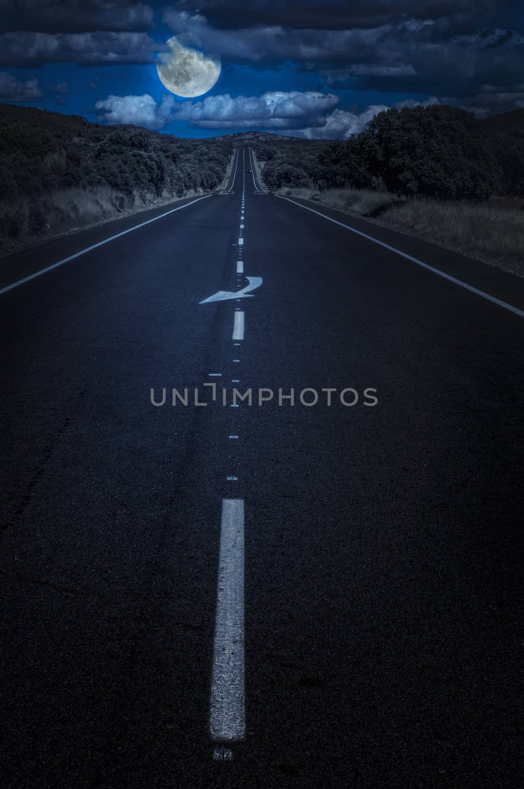 Moon and clouds in the night. Moonlight and road background. Dark blue backdrop.