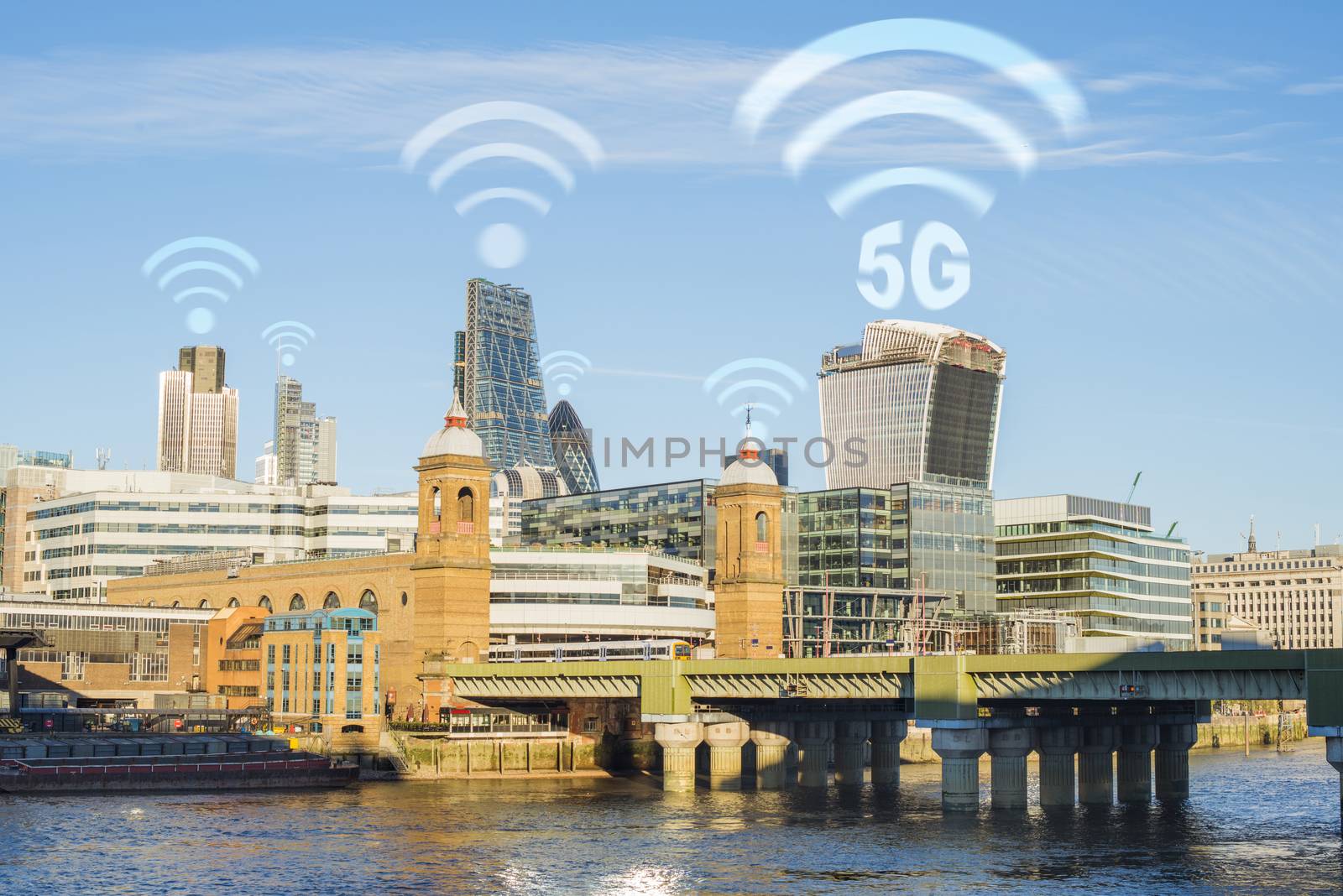 5G concept in the city. Many wireless symbols on the top of the buildings. High speed mobile internet.