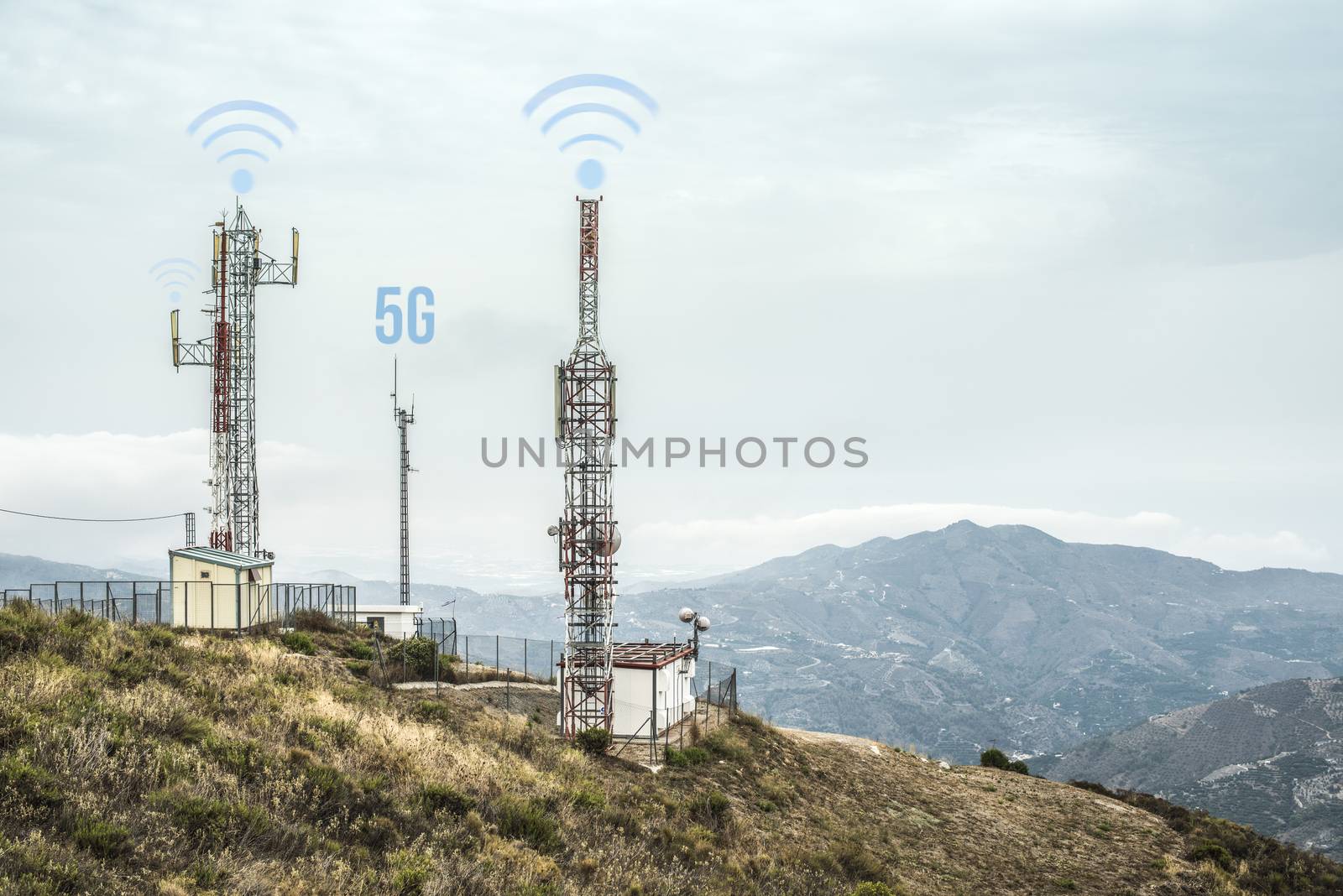 5G antennas and GSM transmitters. Concept for high speed 5G internet.