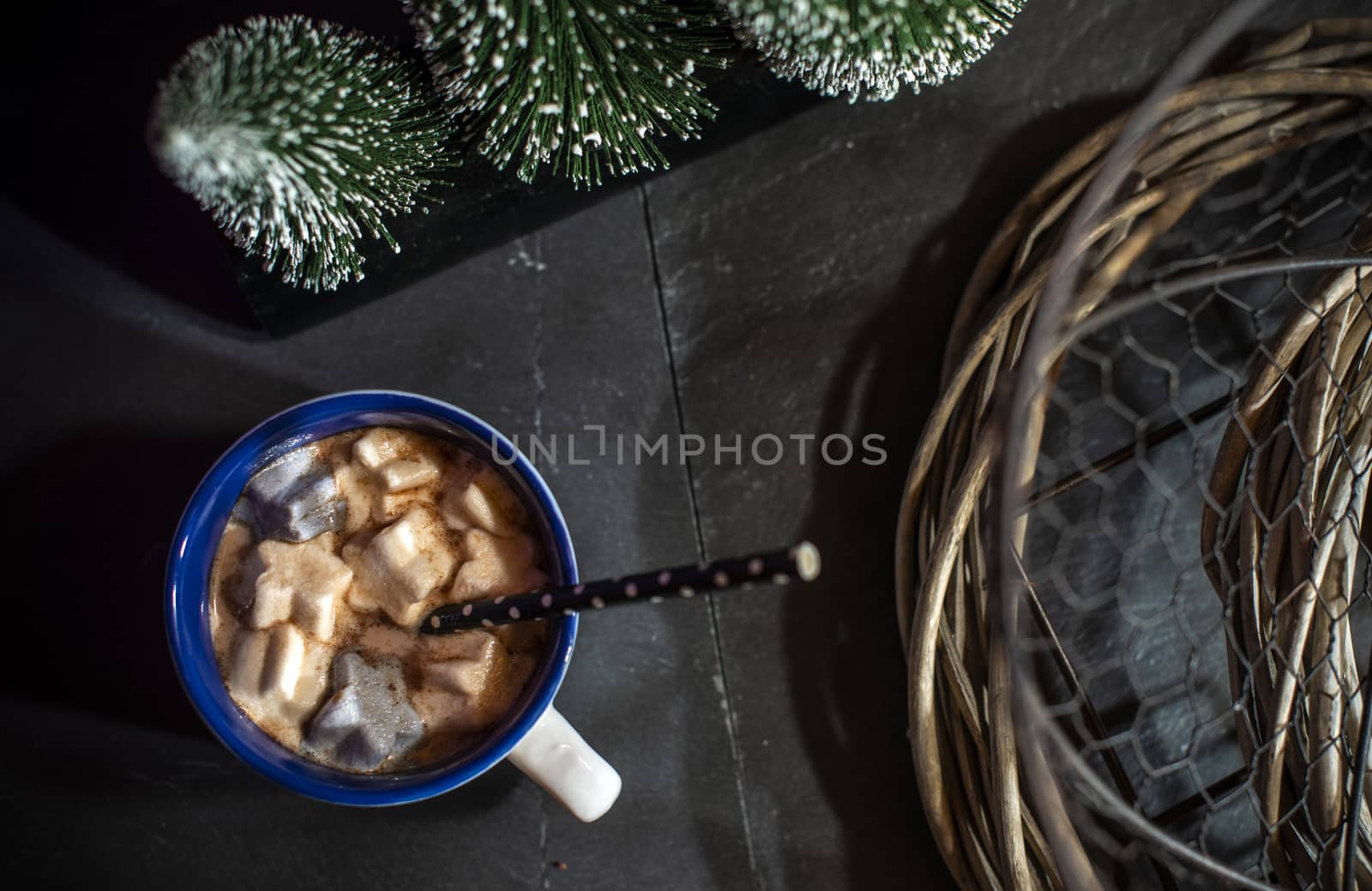 Cup with milk and Marshmallow for christmas. Christmas trees