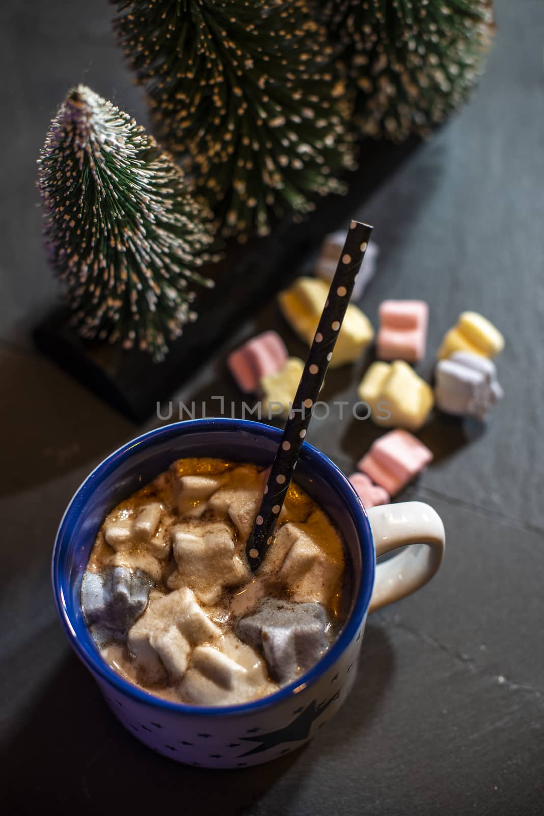 Cup with milk and Marshmallow for christmas. Christmas trees