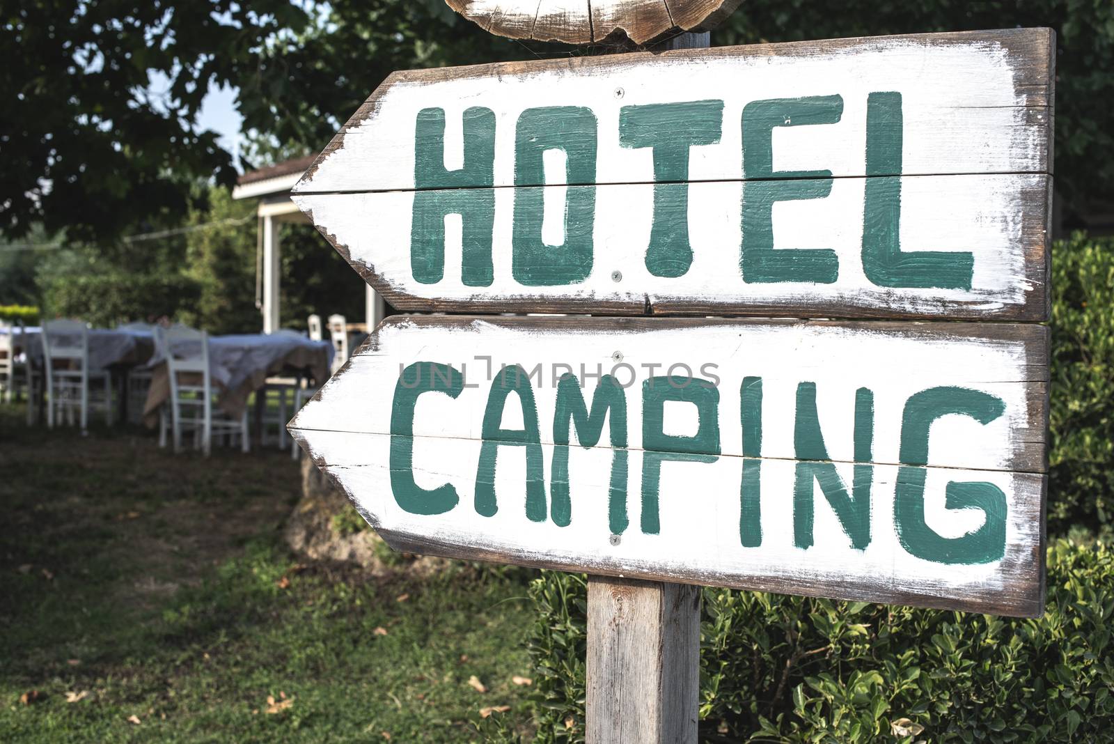 Hotel camping wooden signboard
