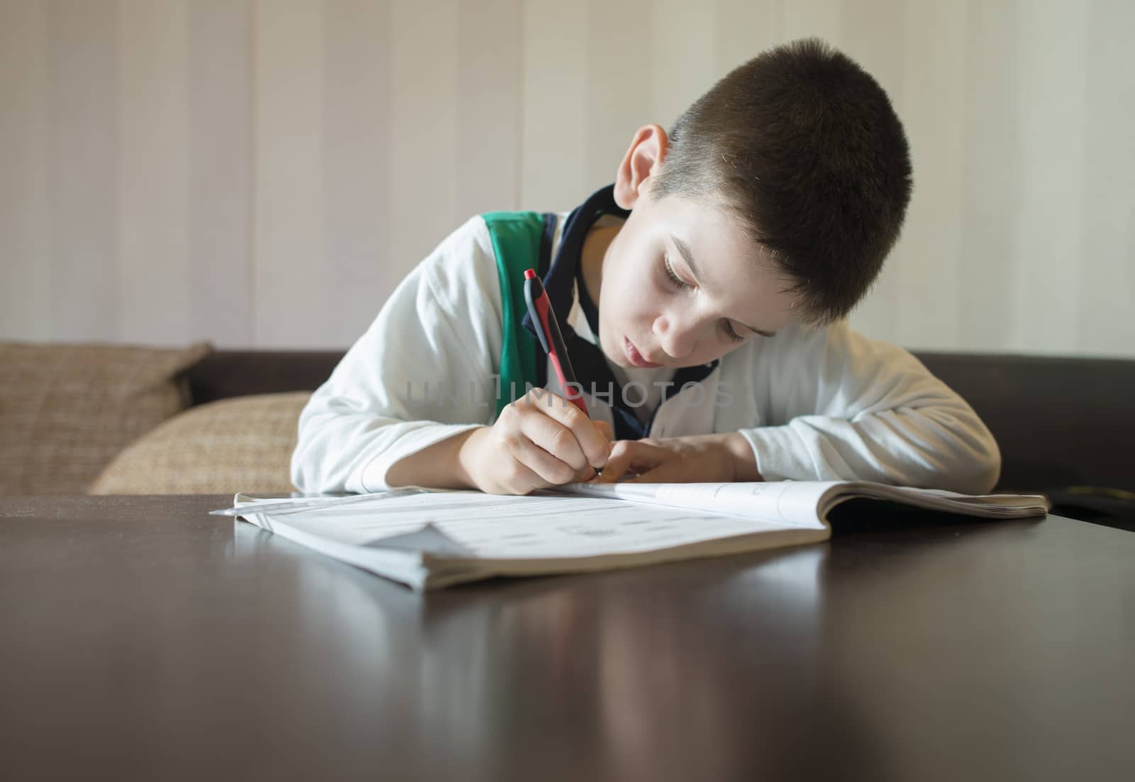 Child do his homework. Hand hold pen. Boy learning by deyan_georgiev