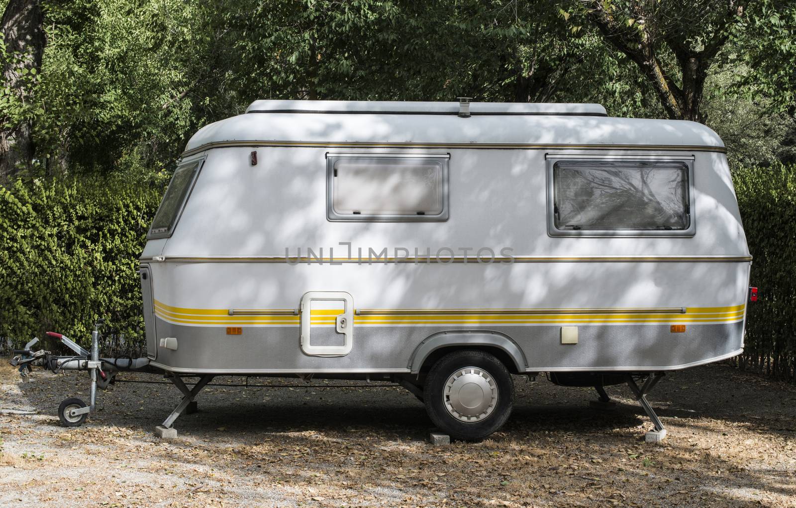 Small caravan on campsite. Green bushes