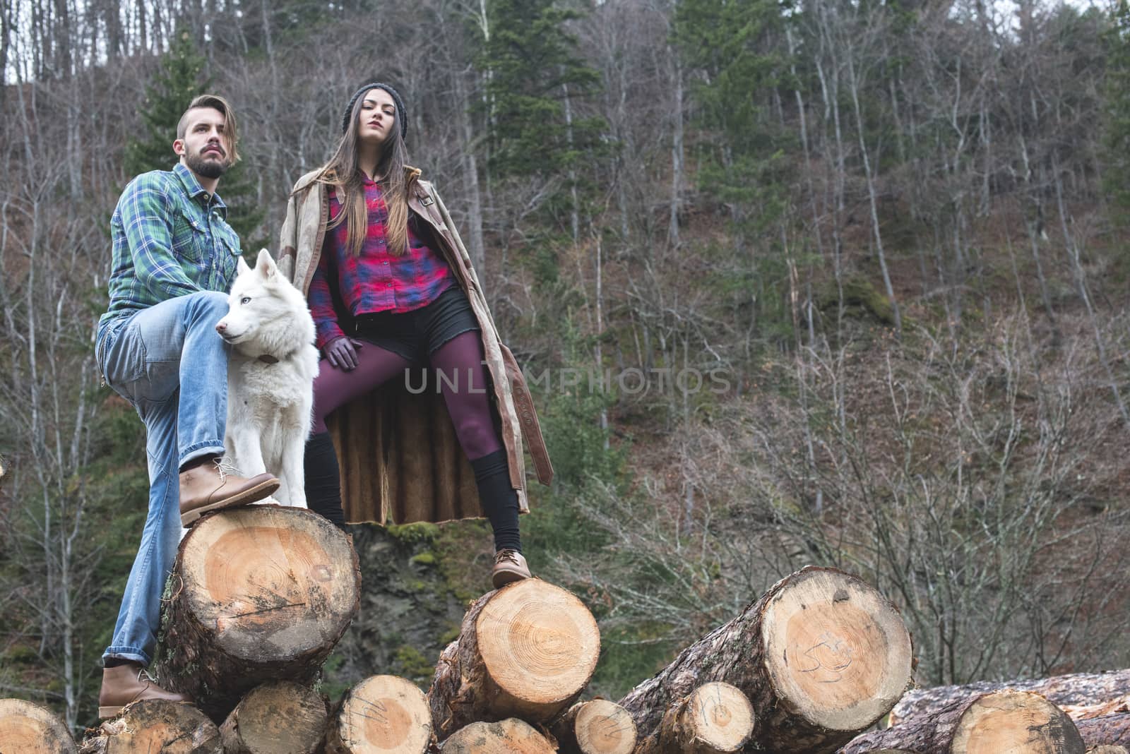 Young woman and men on wood logs by deyan_georgiev