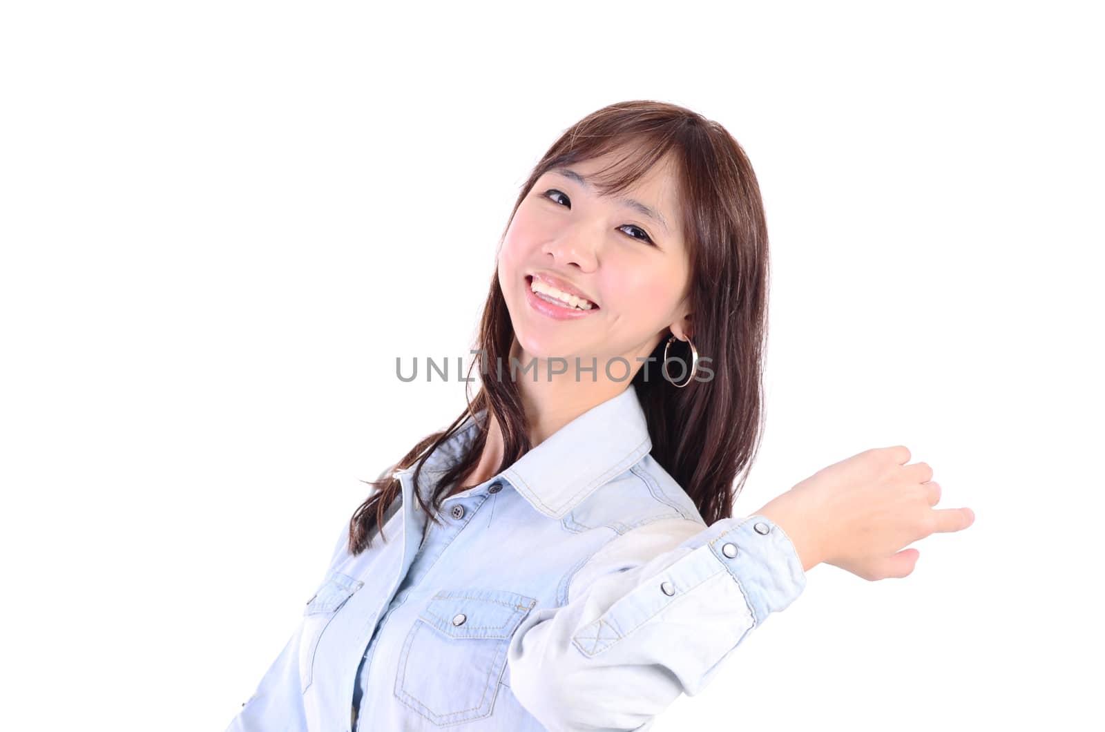 closeup young smiling woman face isolated on white