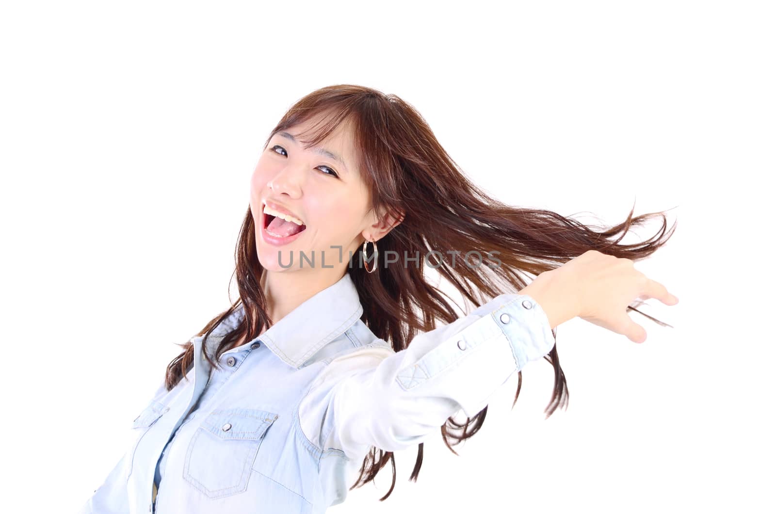 closeup young smiling woman face isolated on white