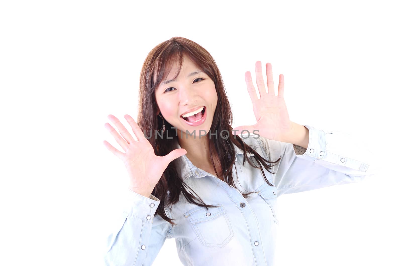 closeup young smiling woman face isolated on white