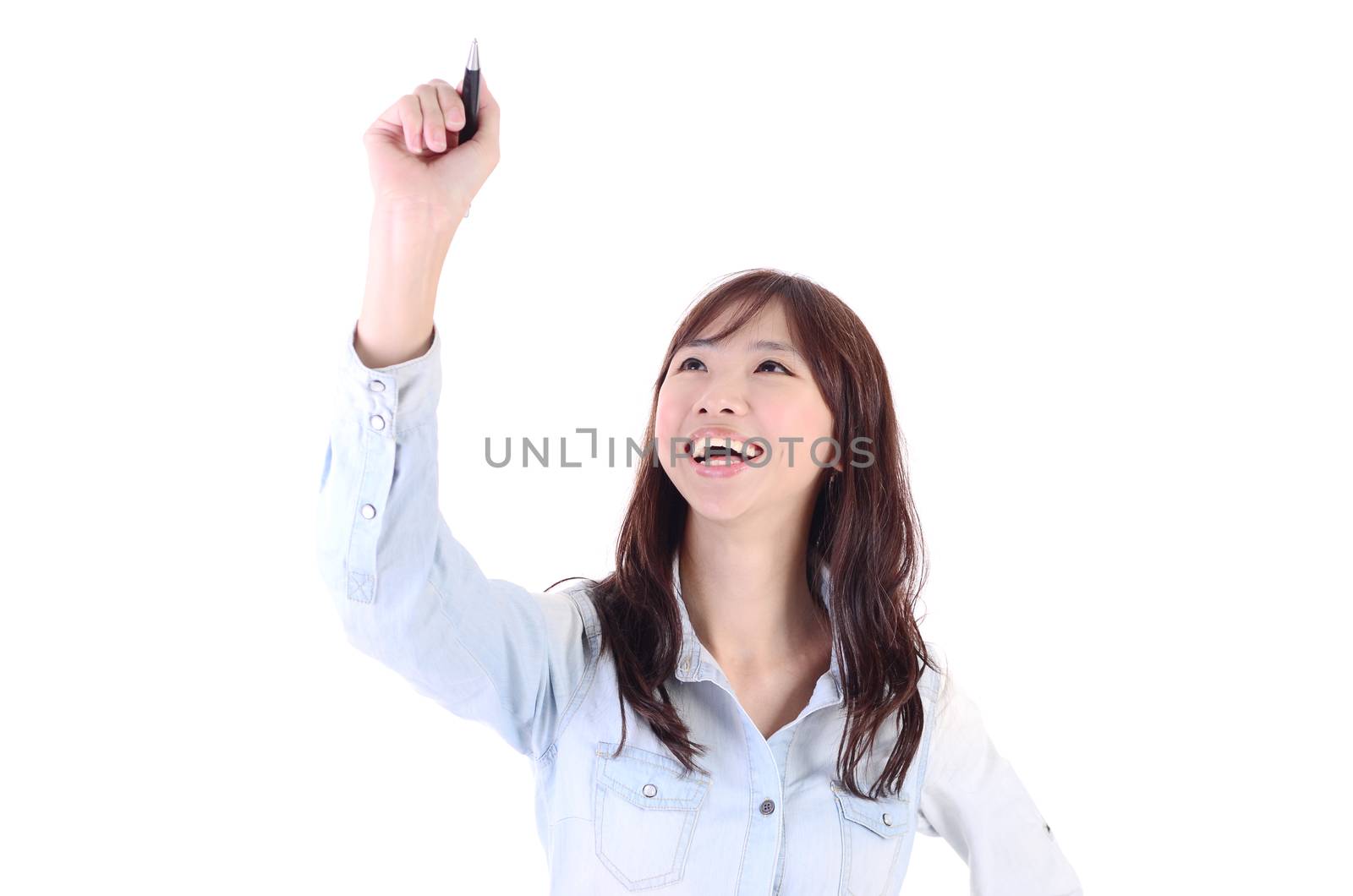 Asian beautiful woman pointing at an empty space