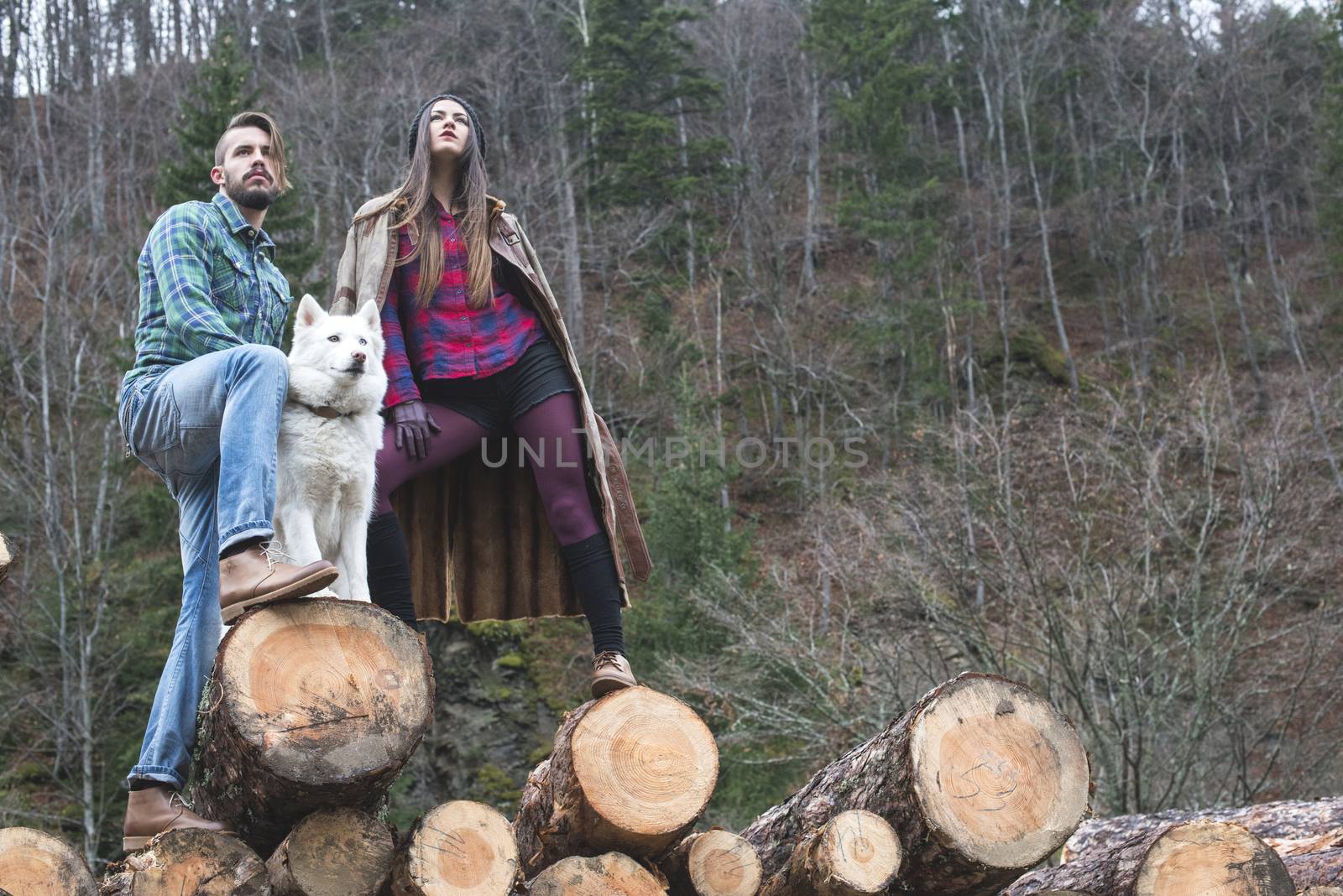 Young woman and men on wood logs by deyan_georgiev