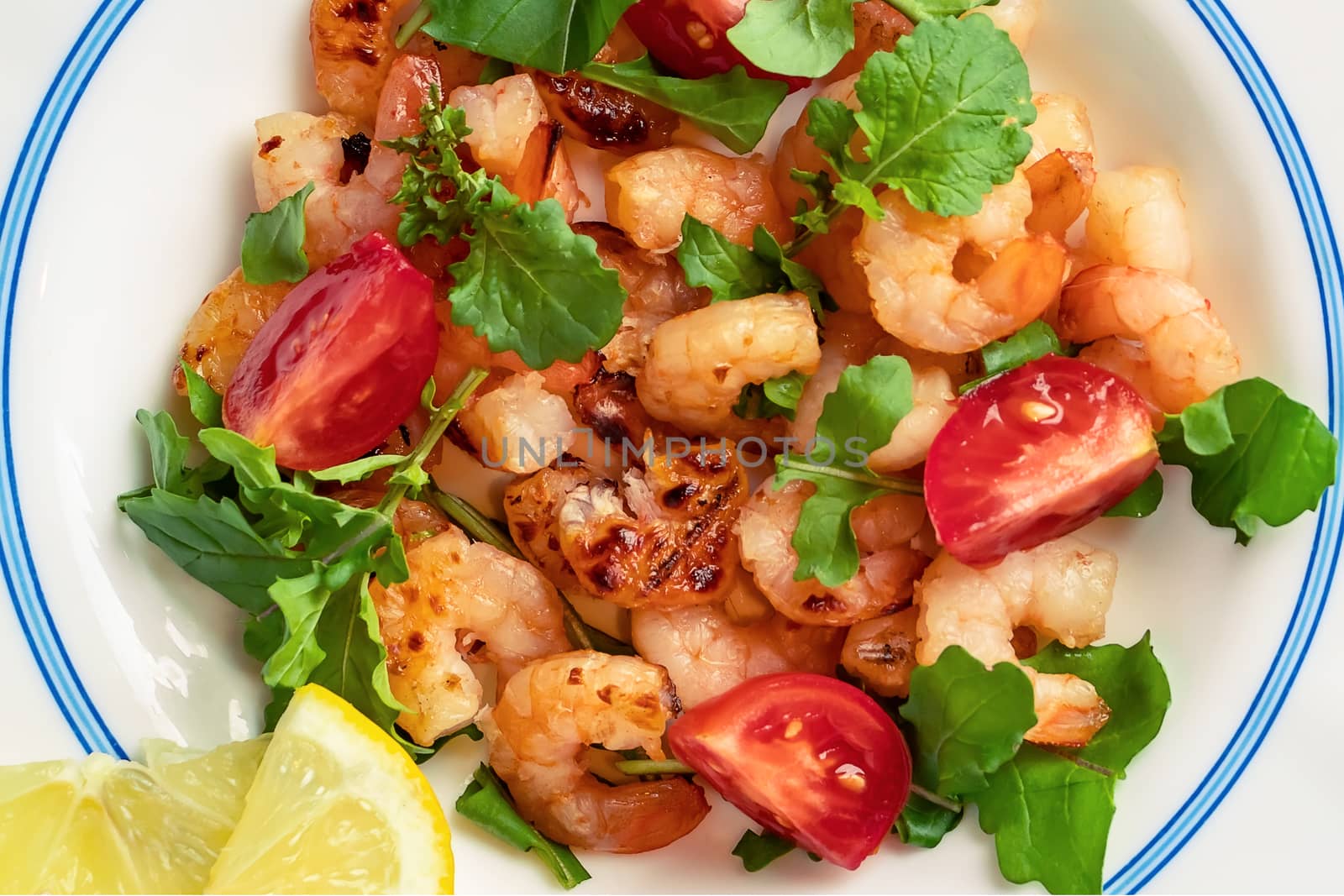 Fresh homemade salad of shrimp, arugula and tomato in a white plate, top view, flat lay, close up.