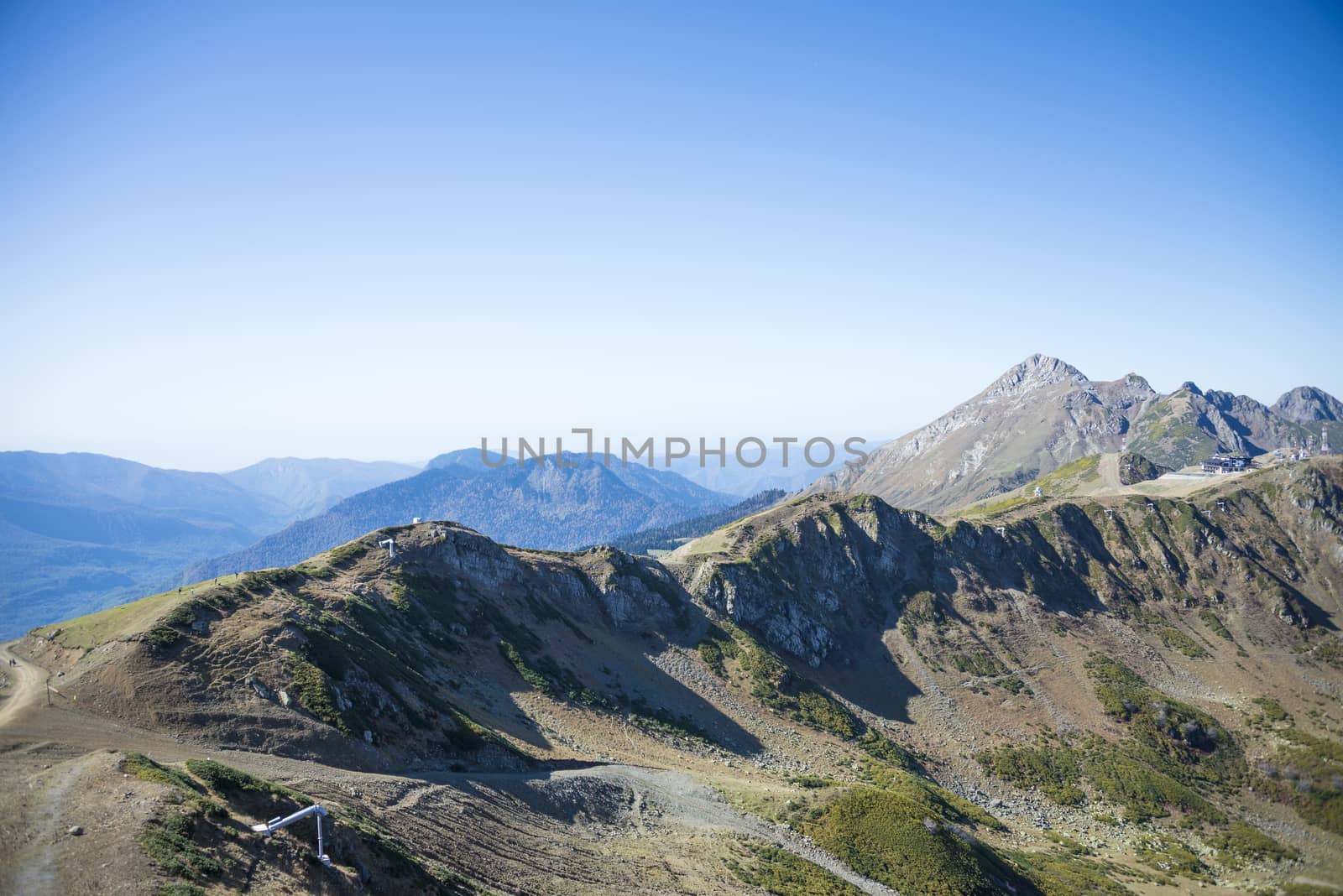 Caucasus mountains Krasnaya Polyana ski resort, Rosa Khutor, Sochi, Russia. On a clear Sunny autumn day on October 16, 2019.