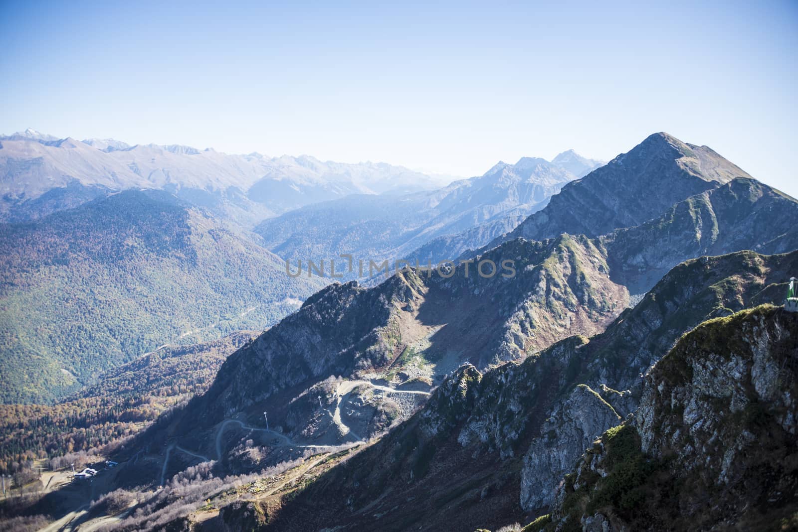 Caucasus mountains Krasnaya Polyana ski resort, Rosa Khutor, Sochi, Russia. On a clear Sunny autumn day on October 16, 2019.
