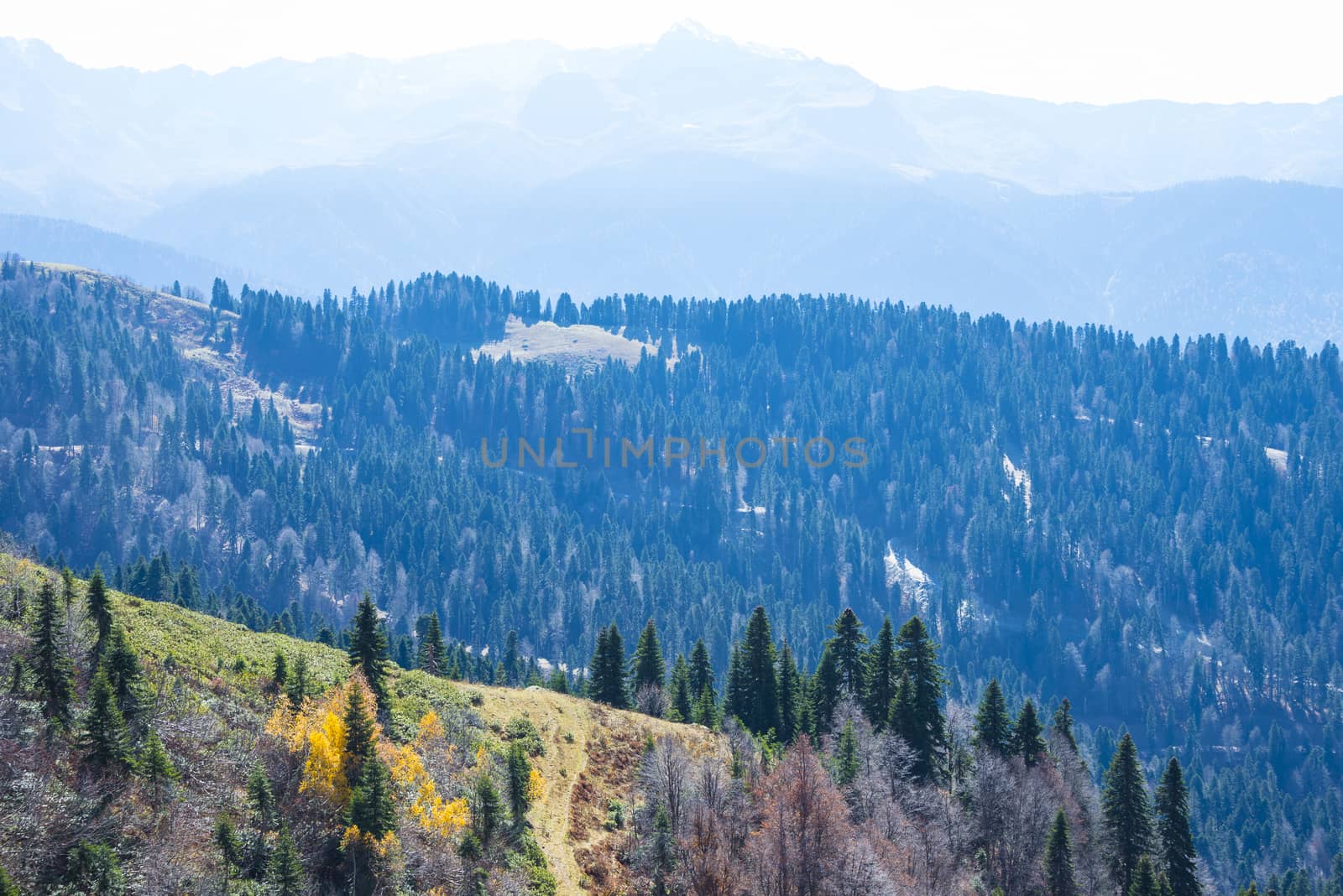 Caucasus mountains Krasnaya Polyana ski resort, Rosa Khutor, Sochi, Russia. On a clear Sunny autumn day on October 16, 2019.