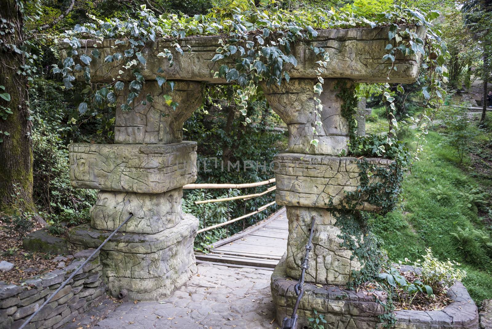Gate to the bridge in the arboretum in Sochi, Russia.