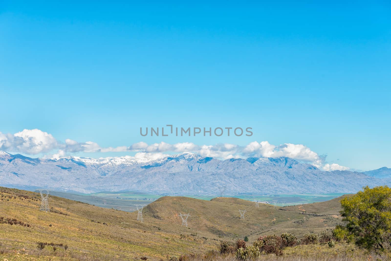 The landscape on Theronsberg Mountain Pass near Ceres in the Western Cape Province. Snow is visible on the Hex River Mountains