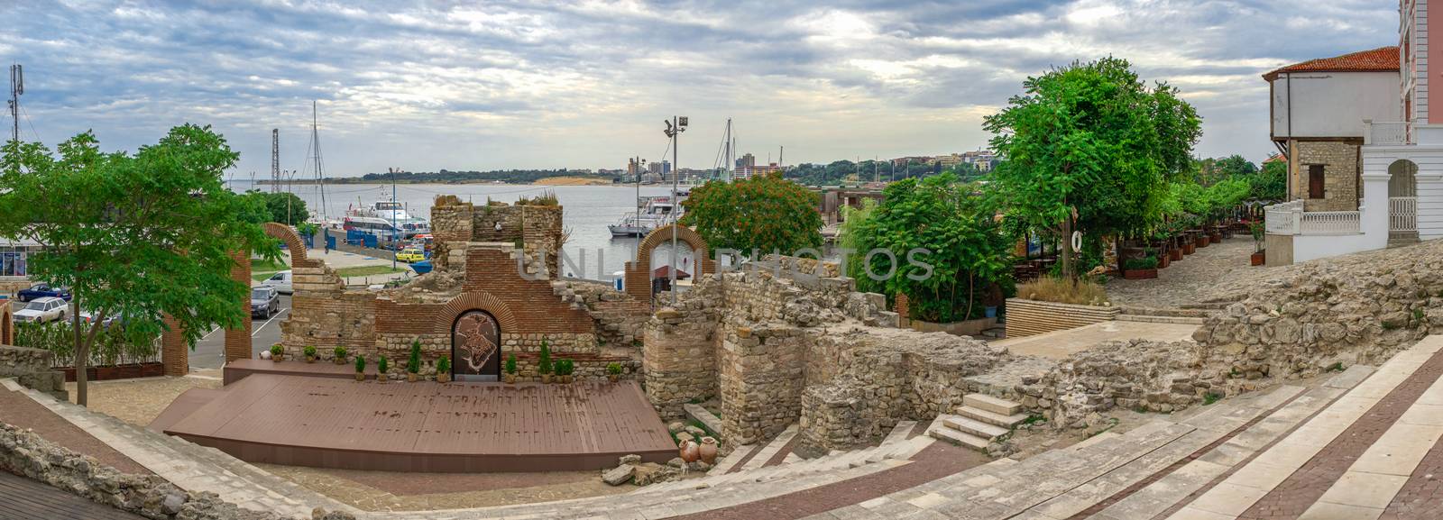 Nessebar, Bulgaria – 07.10.2019.  Ruins of Ancient theatre in the old town of Nessebar, Bulgaria, on a cloudy summer morning