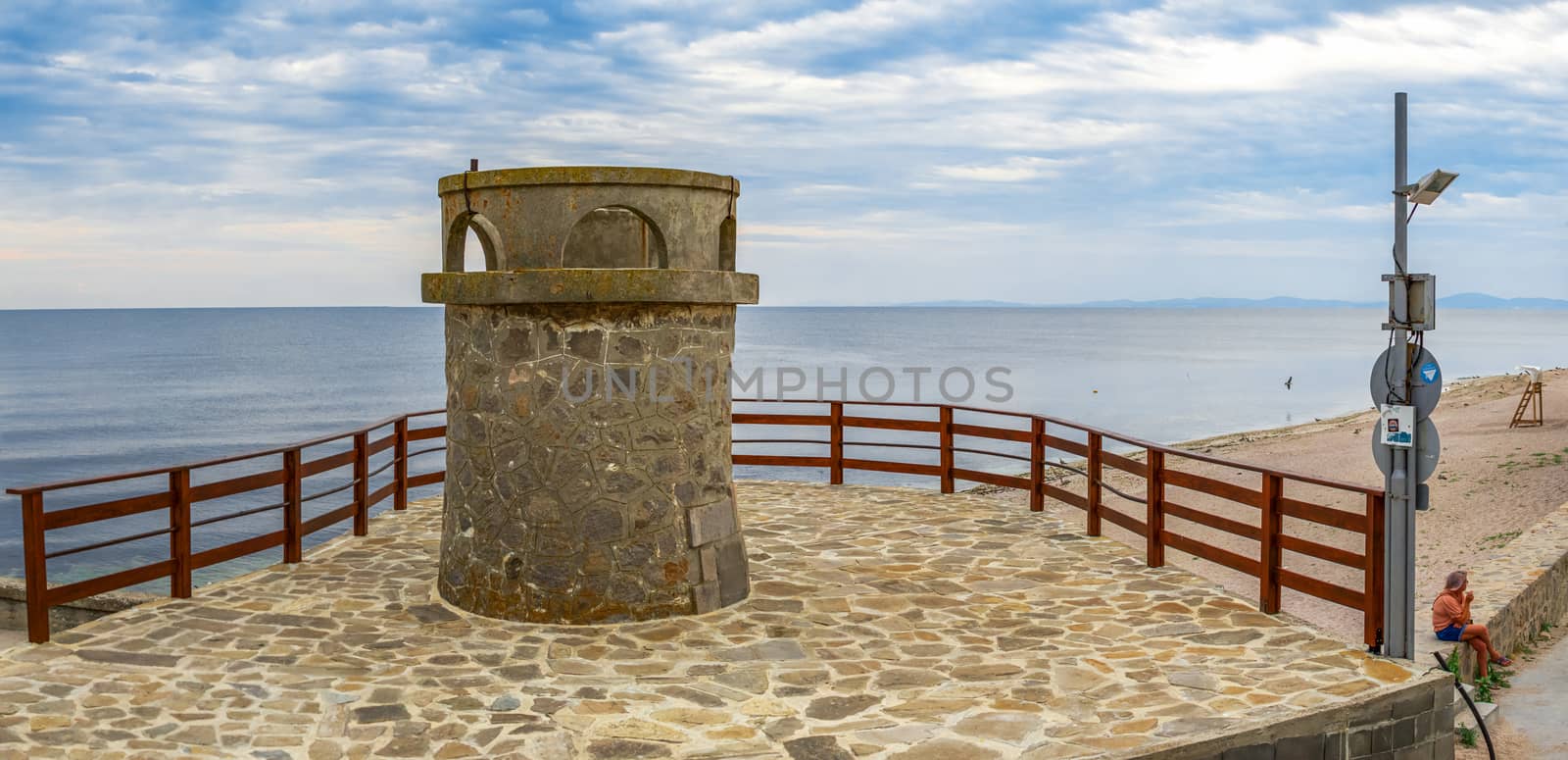 Nessebar, Bulgaria – 07.09.2019. Old tower on the promenade of Nessebar ancient city, Bulgaria, on a cloudy summer morning