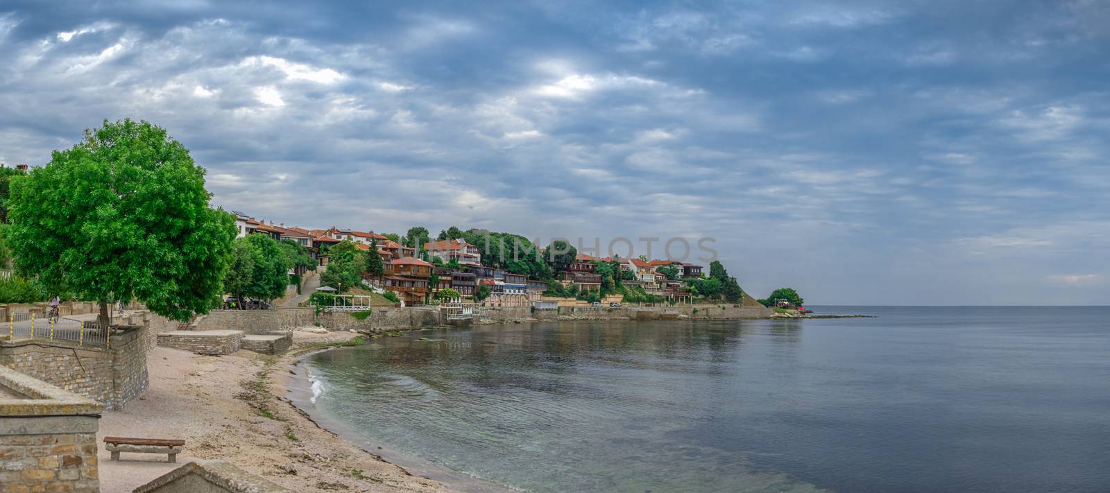 Nessebar, Bulgaria – 07.10.2019.  Seashore of the old town of Nessebar, Bulgaria, on a cloudy summer morning