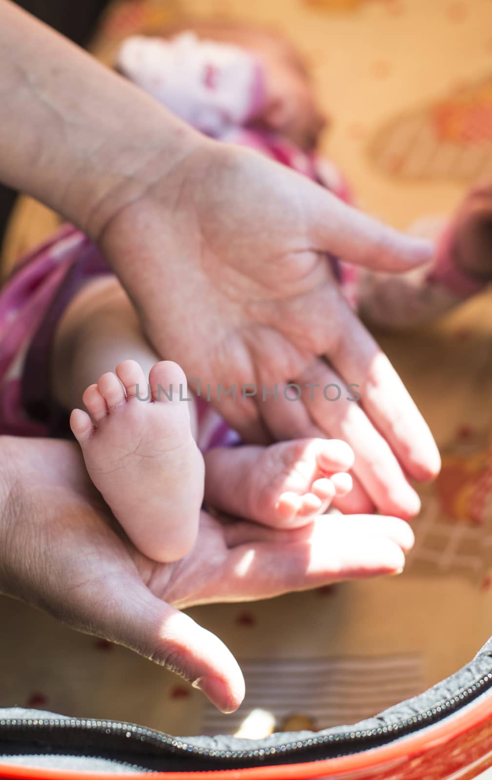 Baby feet and mother's hands