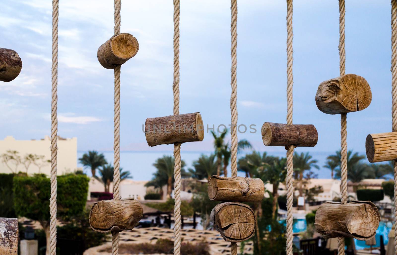 little wooden logs on a background of blue sky and green palm trees Egypt