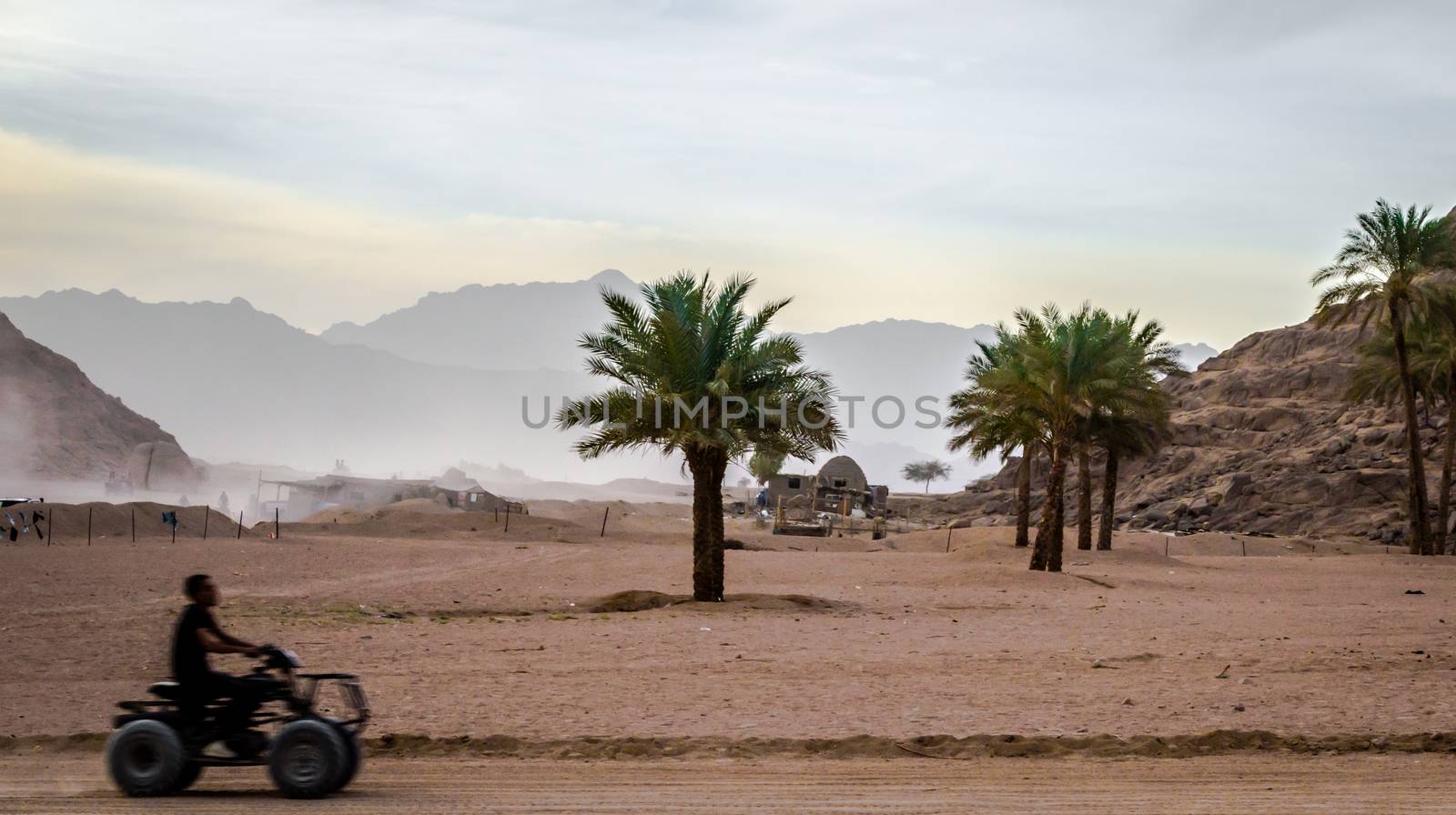 man rides on an ATV on the background of the desert and the mountains of Sharm El Sheikh Egypt