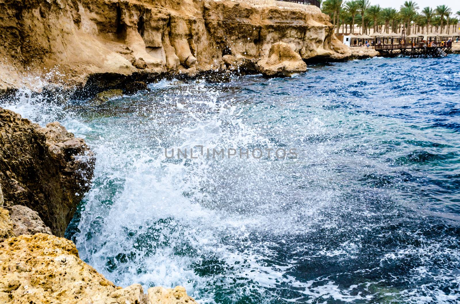 splashing waves of the surf crashing against the rocks on the beach of the red sea