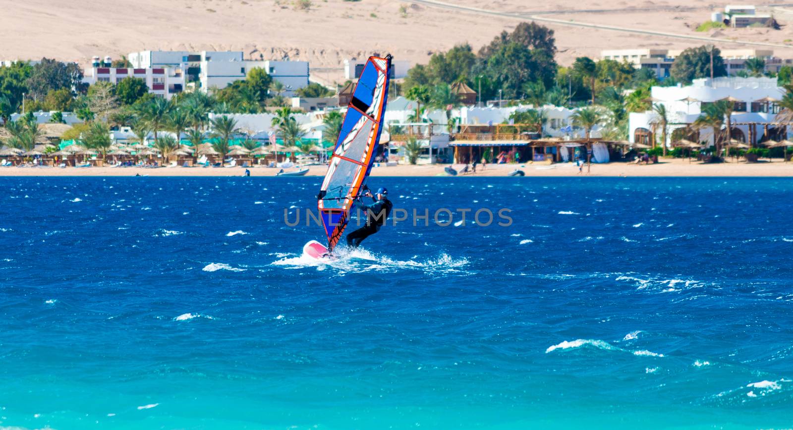 windsurfer rides on the background of the beach with a hotel and palm trees in Egypt Dahab