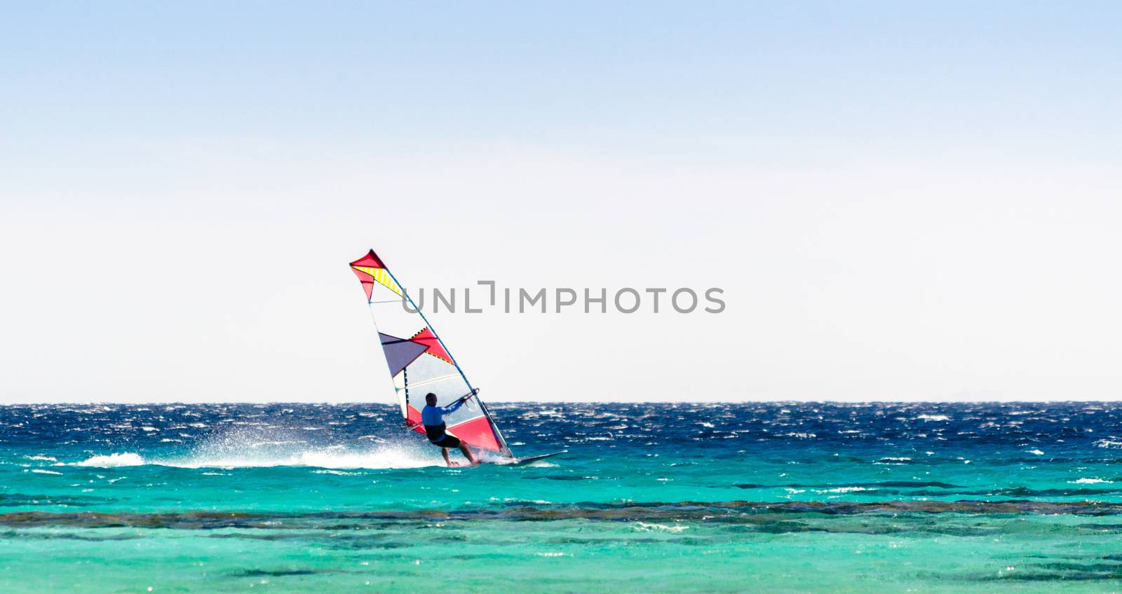 surfer rides in the Red Sea on the background of a clear sky in Egypt. Dahab