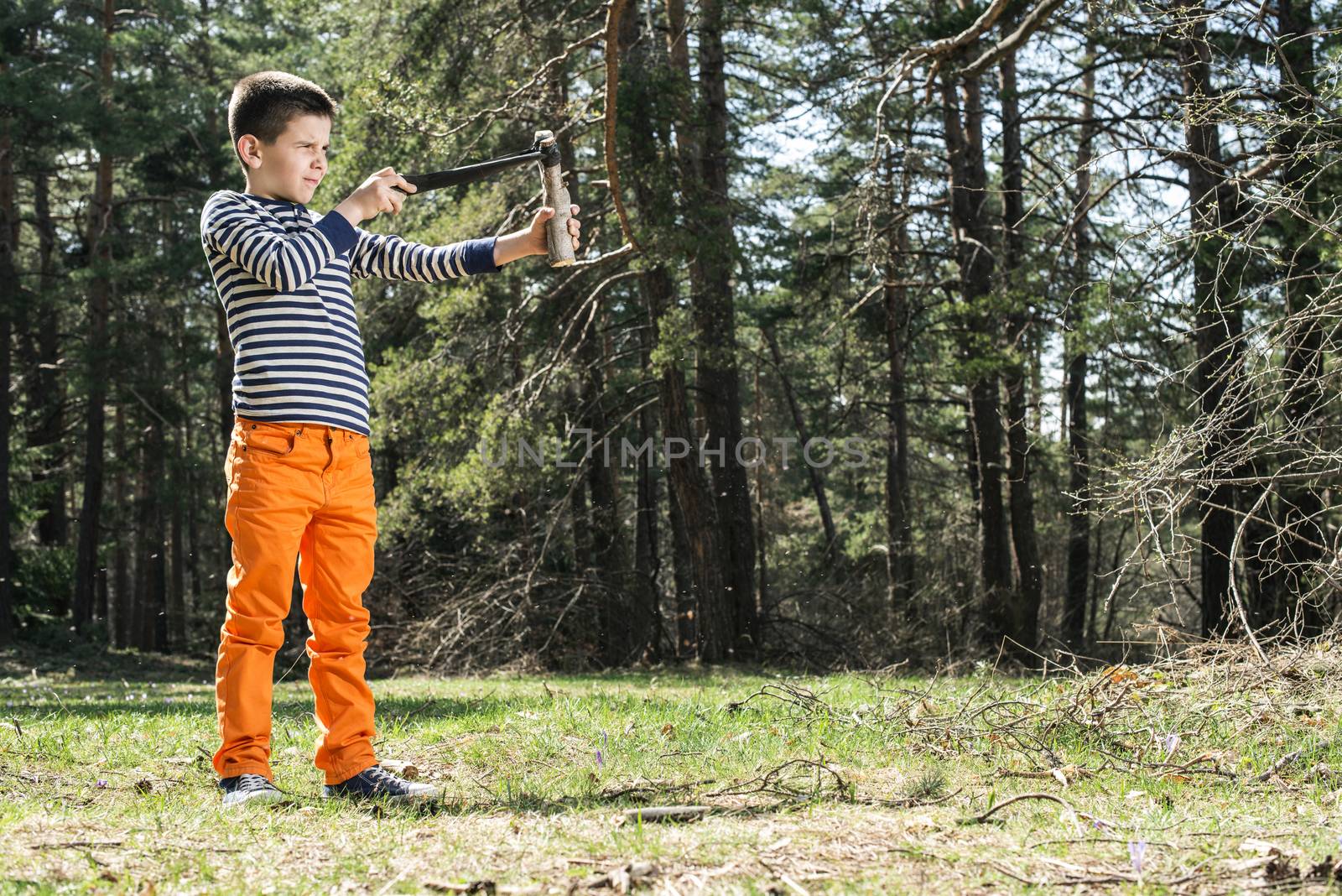 Child play with sling toy in the forest.