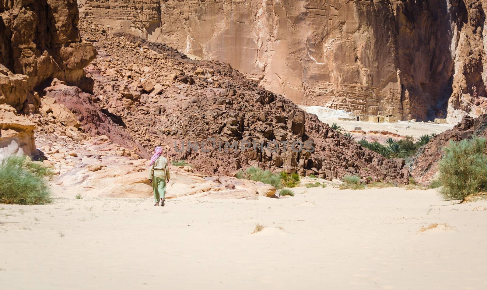 Bedouin goes to a village in the desert amid high rocky mountains in Egypt Dahab