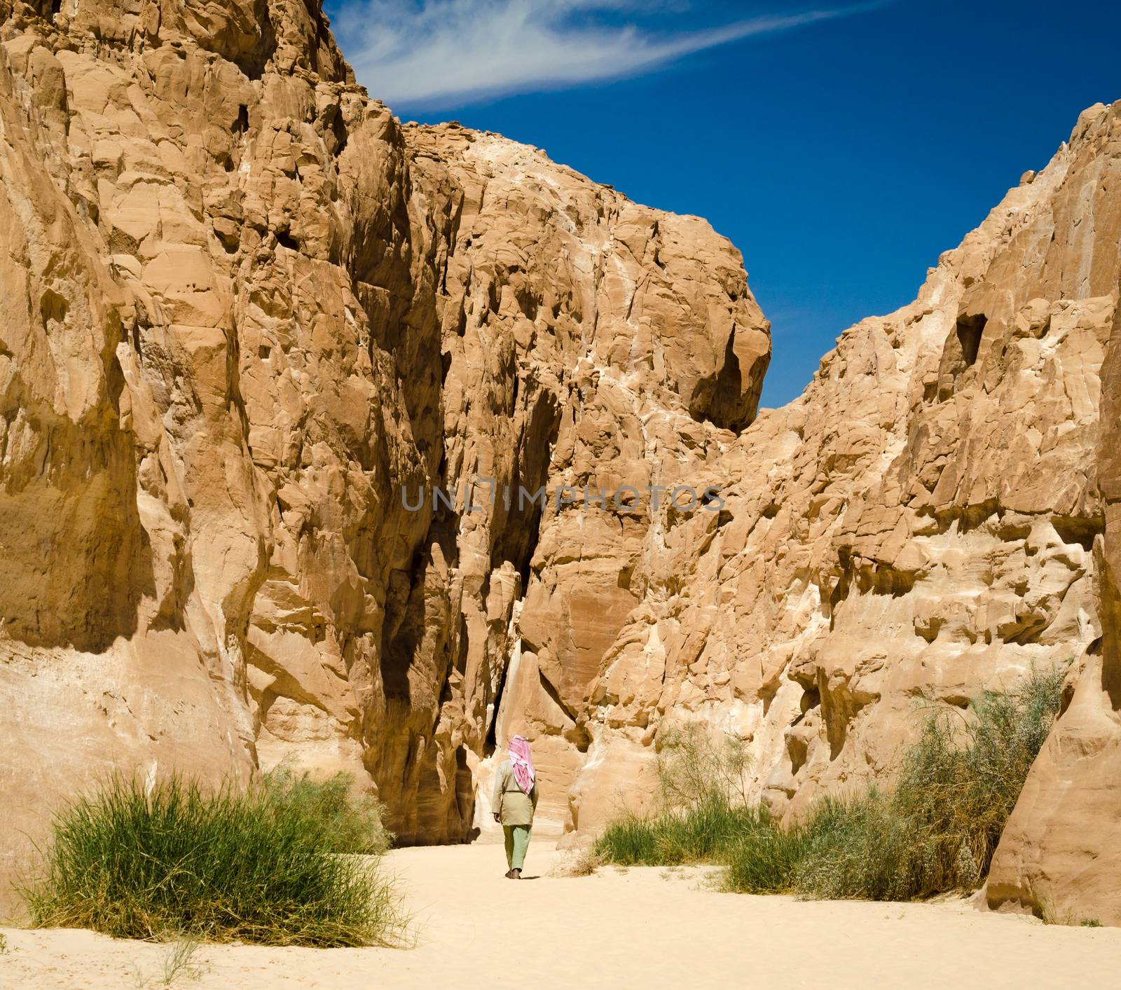 bedouin in white goes in the canyon in the desert among the rocks