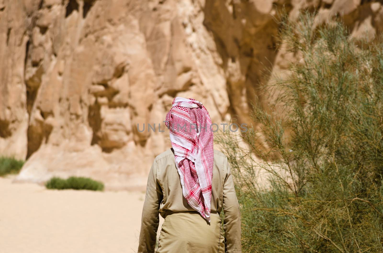 bedouin in white goes in the canyon in the desert among the rocks
