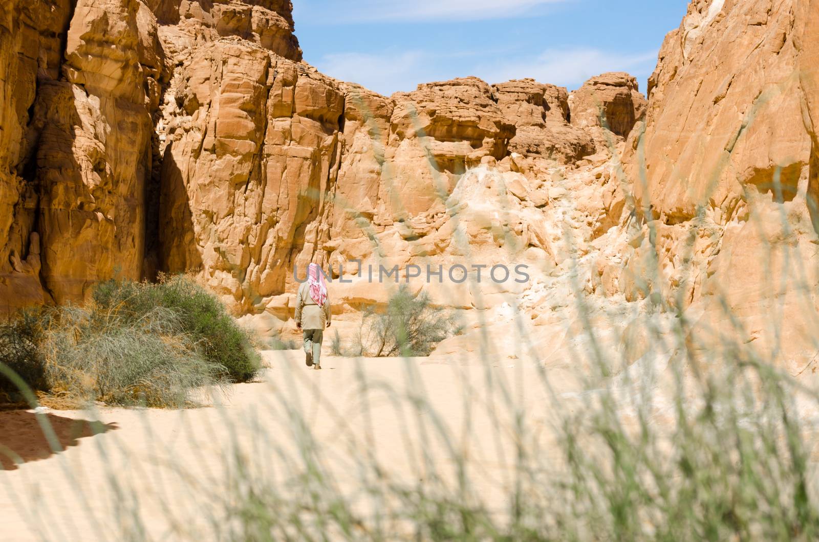 Bedouin walks among the rocks in a desert canyon in Egypt Dahab