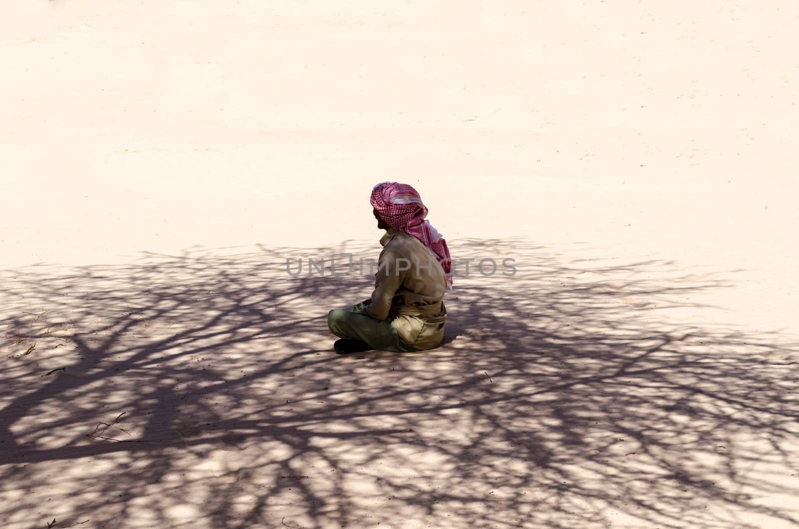 bedouin sits and prays in the sand in the shade of a tree in the desert
