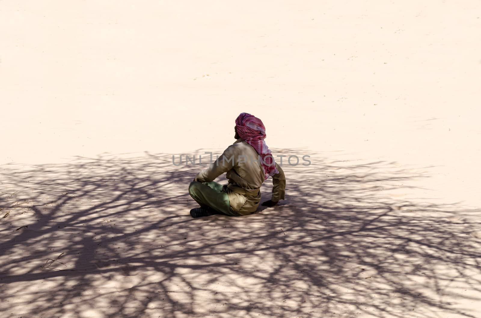 Bedouin is sitting on the sand in the shade of a tree in the desert