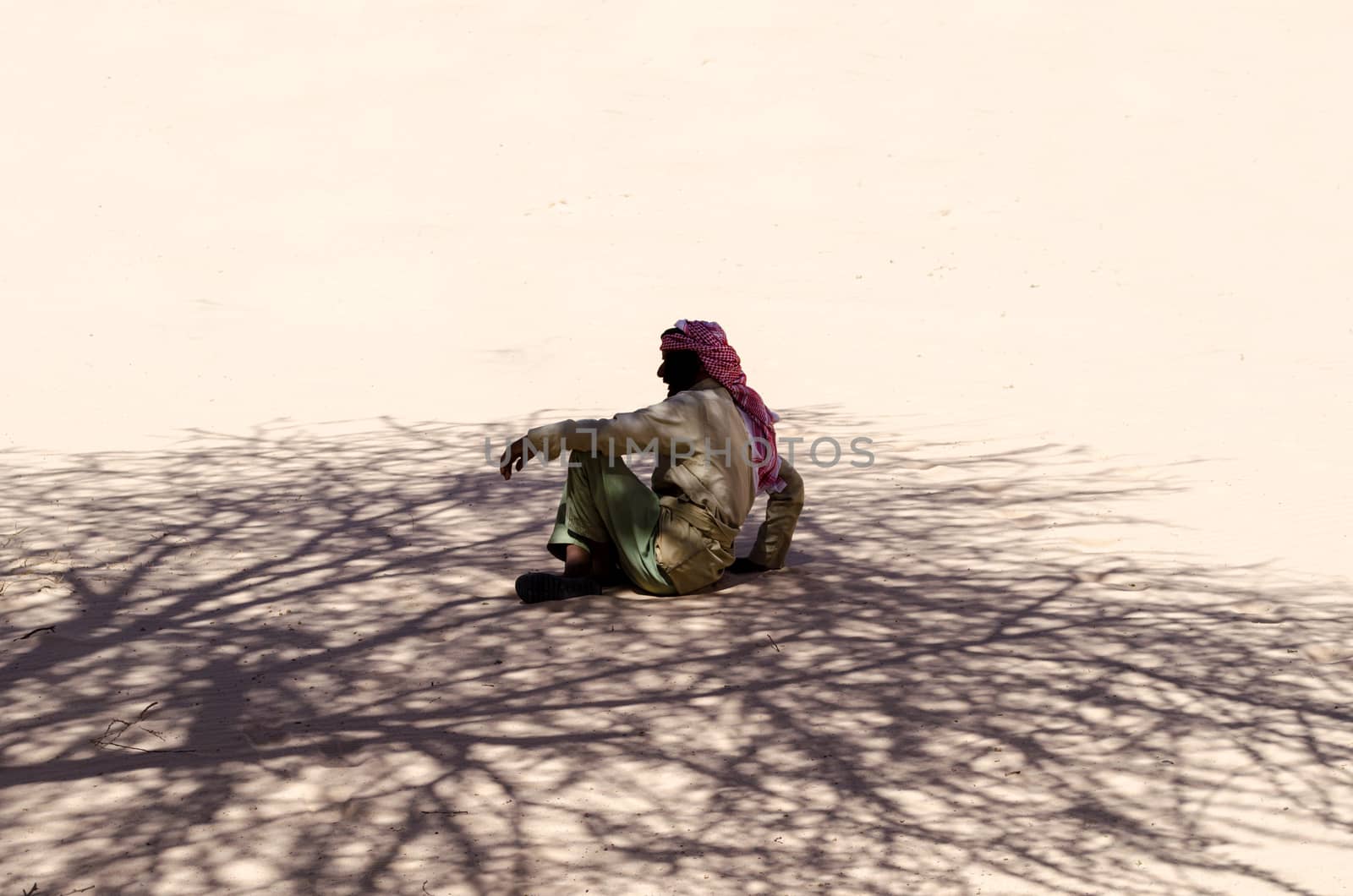 Bedouin is sitting on the sand in the shade of a tree in the desert