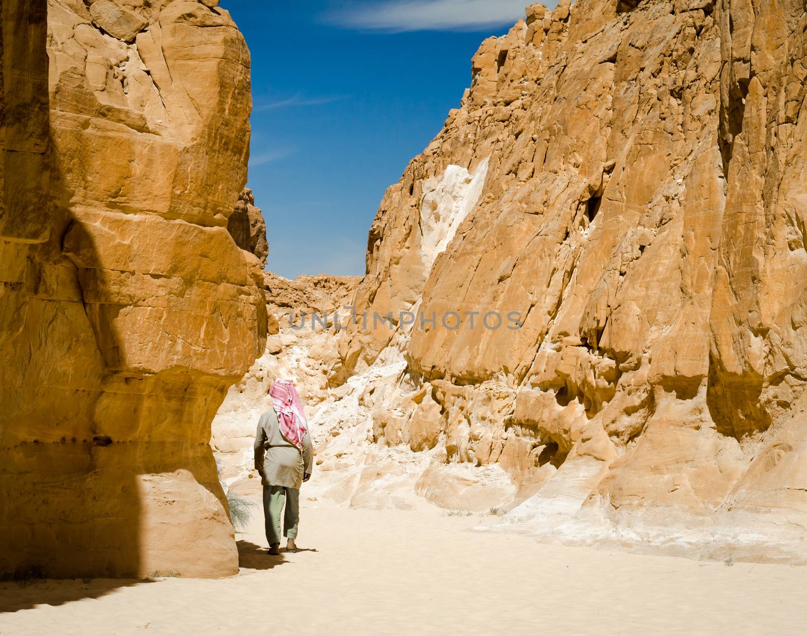 Bedouin walks among the rocks in a desert canyon in Egypt Dahab